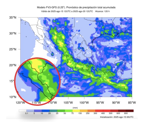 Potencial de acumulados de lluvias a cinco días para México. En círculo, Sinaloa. 