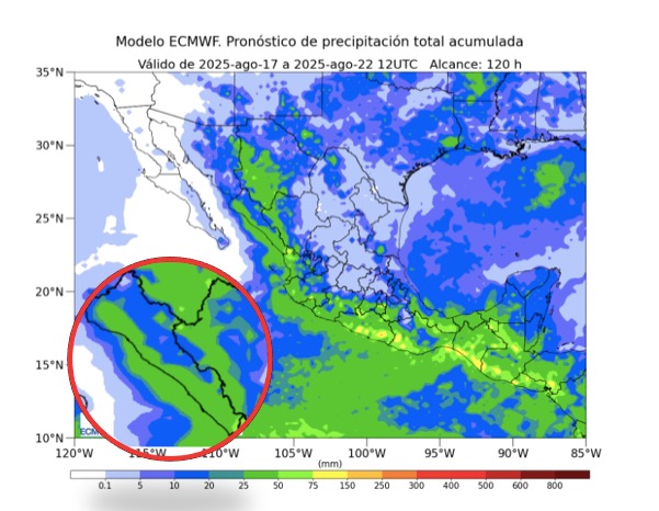 Potencial de acumulados de lluvias a cinco días para México. En círculo, Sinaloa. 