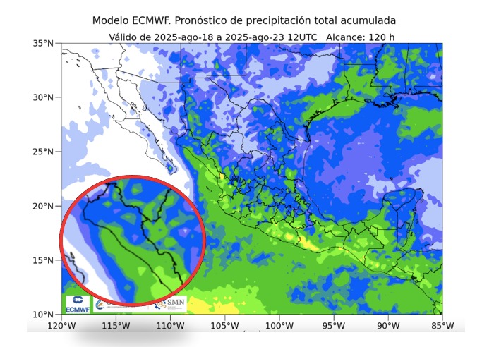 Potencial de acumulados de lluvias a cinco días para México. En círculo, Sinaloa. 