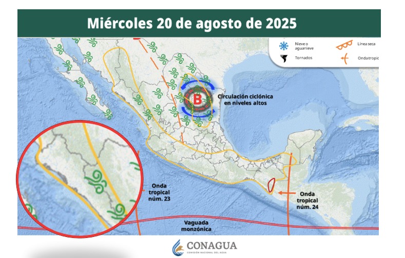 Potencial de acumulados de lluvias a cinco días para México. En círculo, Sinaloa. Conagua-SMN