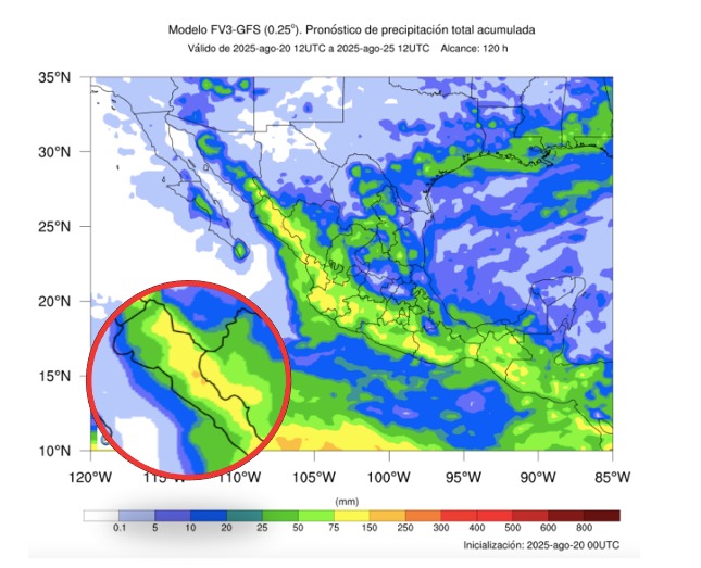 Potencial de acumulados de lluvias a cinco días para México. En círculo, Sinaloa. Conagua-SMN