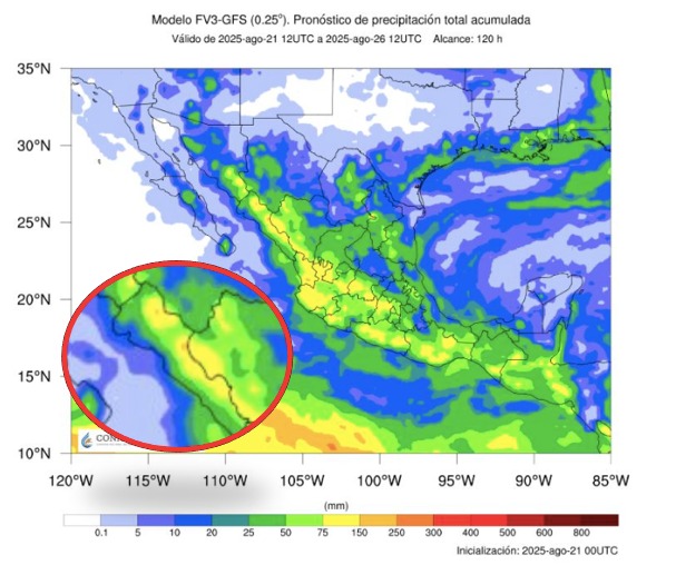 Potencial de acumulados de lluvias a cinco días para México. En círculo, Sinaloa. Conagua-SMN