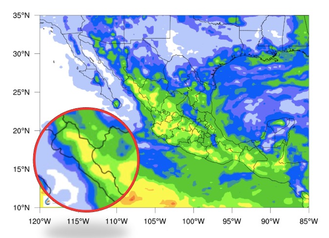 Potencial de acumulados de lluvias a cinco días para México. En círculo, Sinaloa. Conagua-SMN