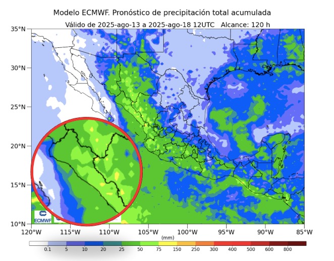 Potencial de acumulados de lluvias a cinco días para México. En círculo, Sinaloa. 