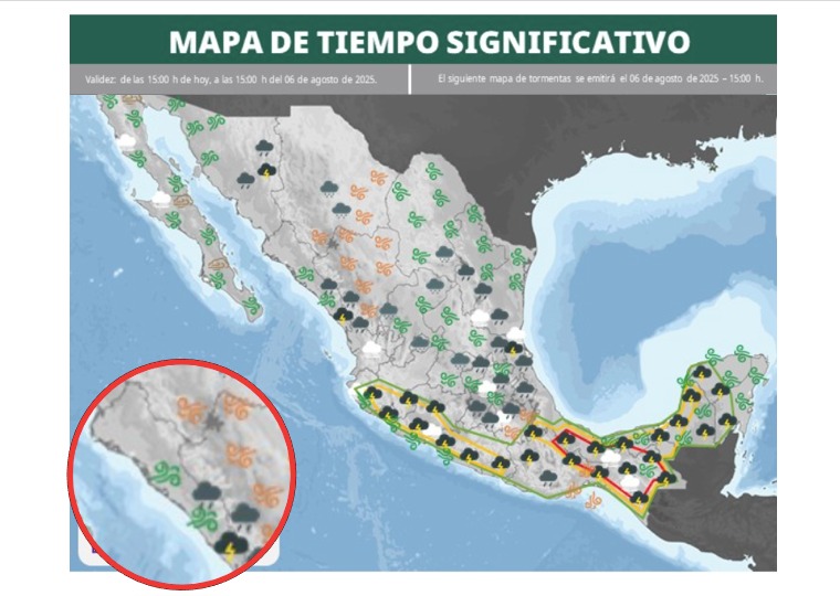 Potencial de tiempo severo para México hoy 6 de agosto. En el círculo, Sinaloa. SMN