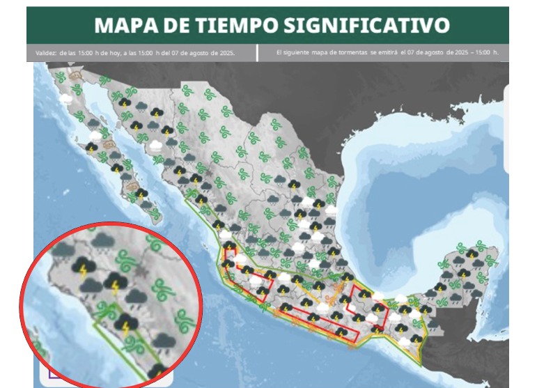 Potencial de tiempo severo para México hoy 7 de agosto. En el círculo, Sinaloa. 