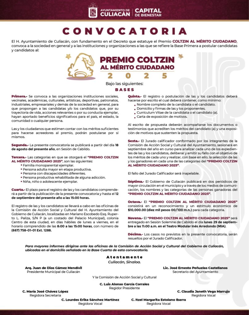 Convocatoria para los “Premio Coltzin al Mérito Ciudadano 2025”