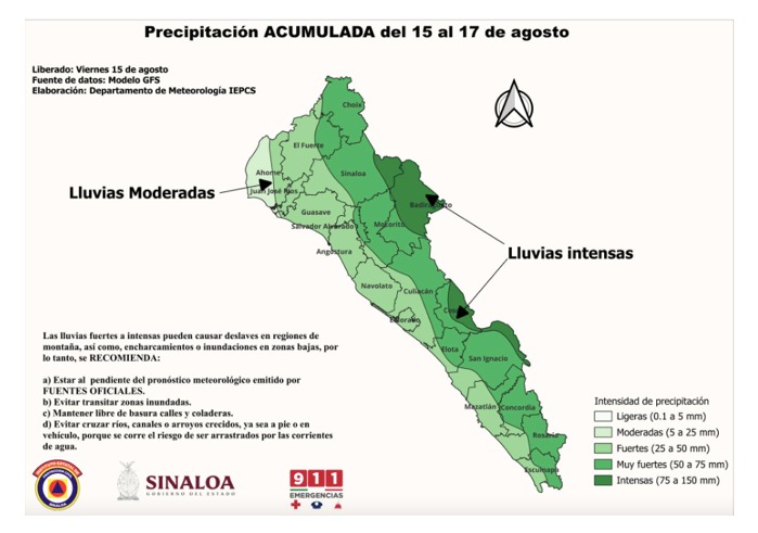 Probabilidad de precipitación del 15 al 17 de agosto en Sinaloa. 