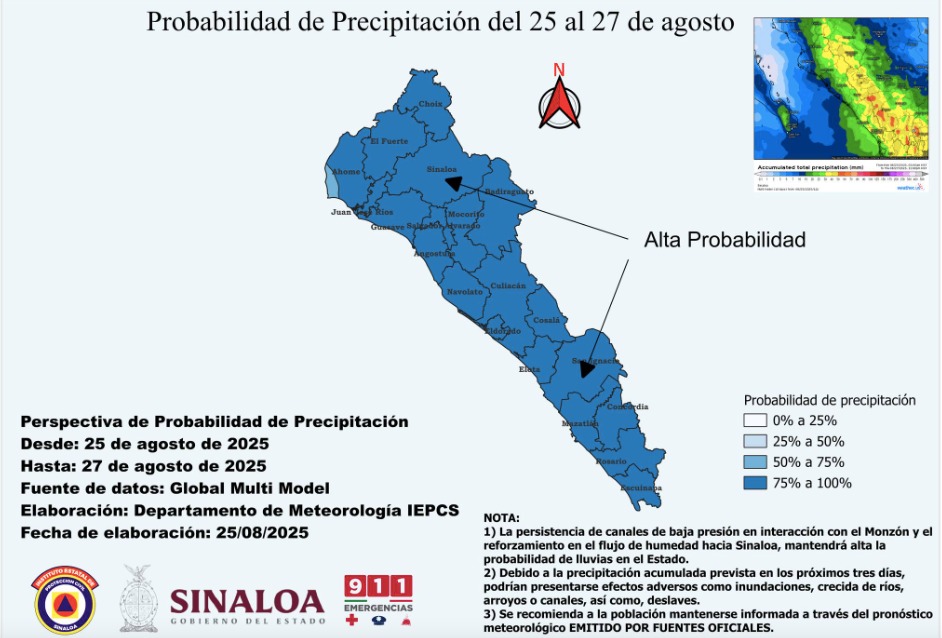 Probabilidad de precipitación del 25 al 27 de agosto
