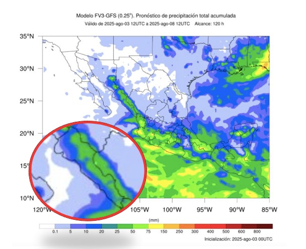 Pronóstico de acumulado total de precipitación en 5 días en México. En el círculo, Sinaloa. 