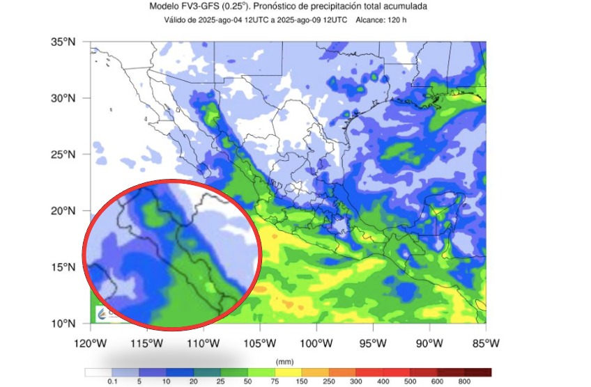 Pronóstico de acumulado total de precipitación en 5 días en México. En el círculo, Sinaloa. 
