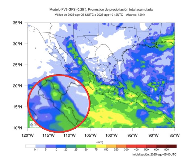 Pronóstico de acumulado total de precipitación en 5 días en México. En el círculo, Sinaloa. SMN