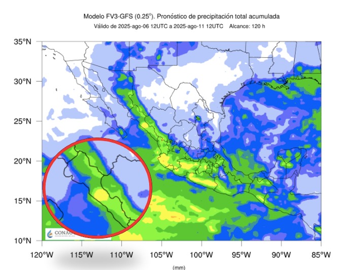 Pronóstico de acumulado total de precipitación en 5 días en México. En el círculo, Sinaloa. 