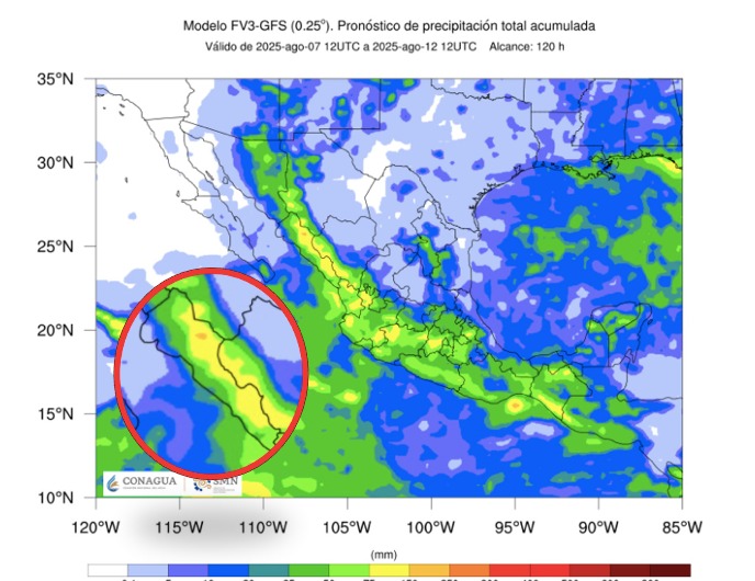 Pronóstico de acumulado total de precipitación en 5 días en México. En el círculo, Sinaloa. SMN