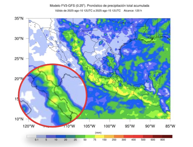 Pronóstico de acumulado total de precipitación en 5 días en México. En el círculo, Sinaloa. SMN