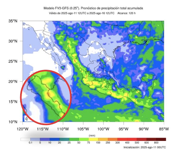 Pronóstico de acumulado total de precipitación en 5 días en México. En el círculo, Sinaloa. SMN