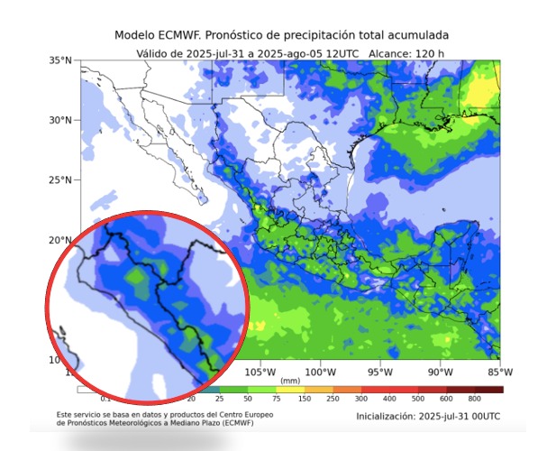 Pronóstico de acumulado total de precipitación en 5 días en México. En el círculo, Sinaloa. 