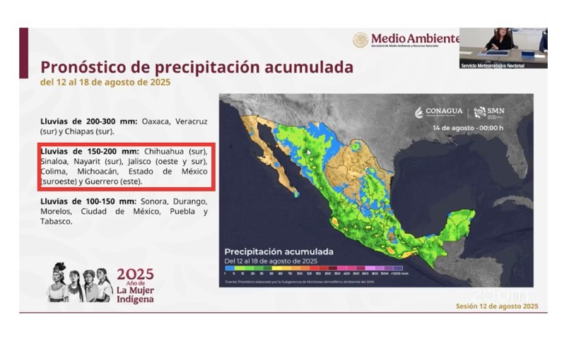 Pronóstico de lluvias a una semana a nivel nacional. Sinaloa en el segundo nivel de intensidad