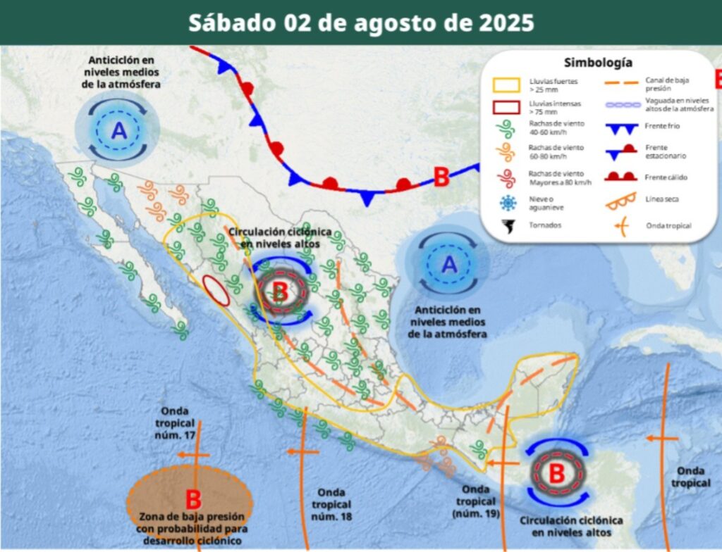 Pronóstico de lluvias sábado 02 de agosto