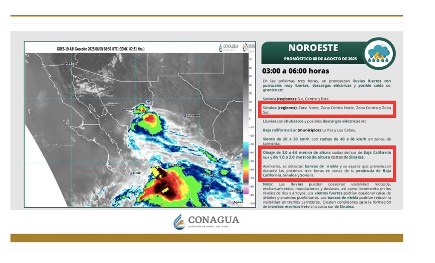 Pronóstico de lluvias, viento y oleaje para zonas del noroeste de México. Sinaloa con potencial en todo el estado.