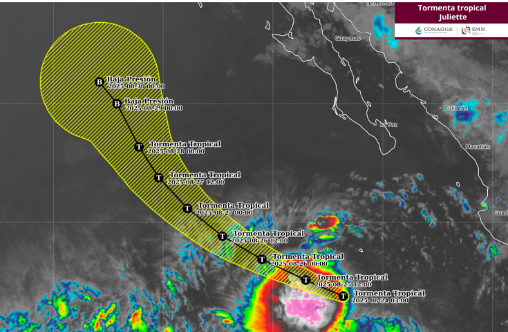 Trayectoria pronóstico de la tormenta tropical Juliette en el Pacífico.