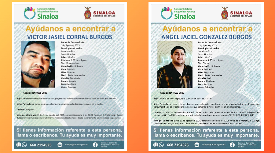 Fichas de búsqueda de Víctor Jassiel y Ángel Jaciel.
