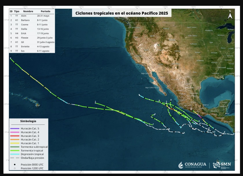 Así ha sido el recorrido de los sistemas tropicales registrados en el océano Pacífico. Conagua- SMN