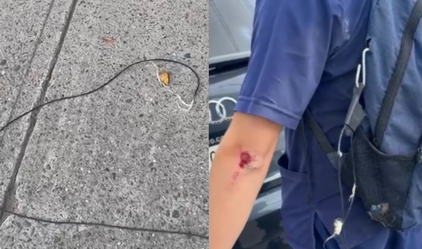 Un motociclista se enreda con cable caído y derrapa en calle de Los Mochis