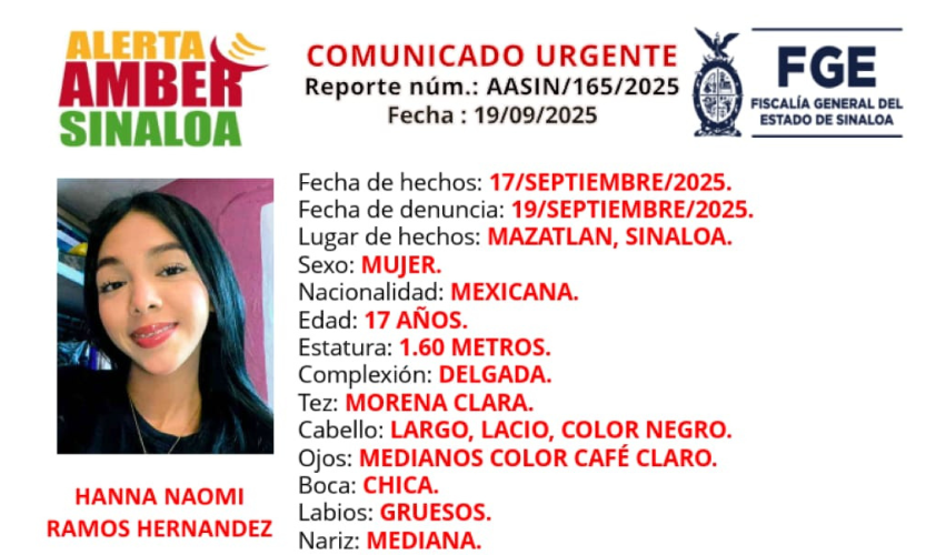 Ficha de búsqueda para localizar a la menor Hanna Naomi
