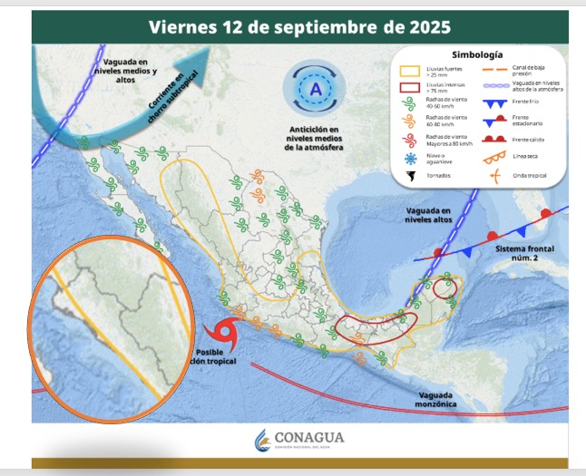 Áreas de vigilancia por potencial de tormentas en México. Sinaloa en el círculo. Conagua-SMN