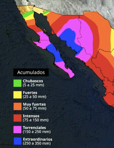 Pronóstico de lluvias acumuladas del 4 al 6 de septiembre por efectos del ciclón Lorena