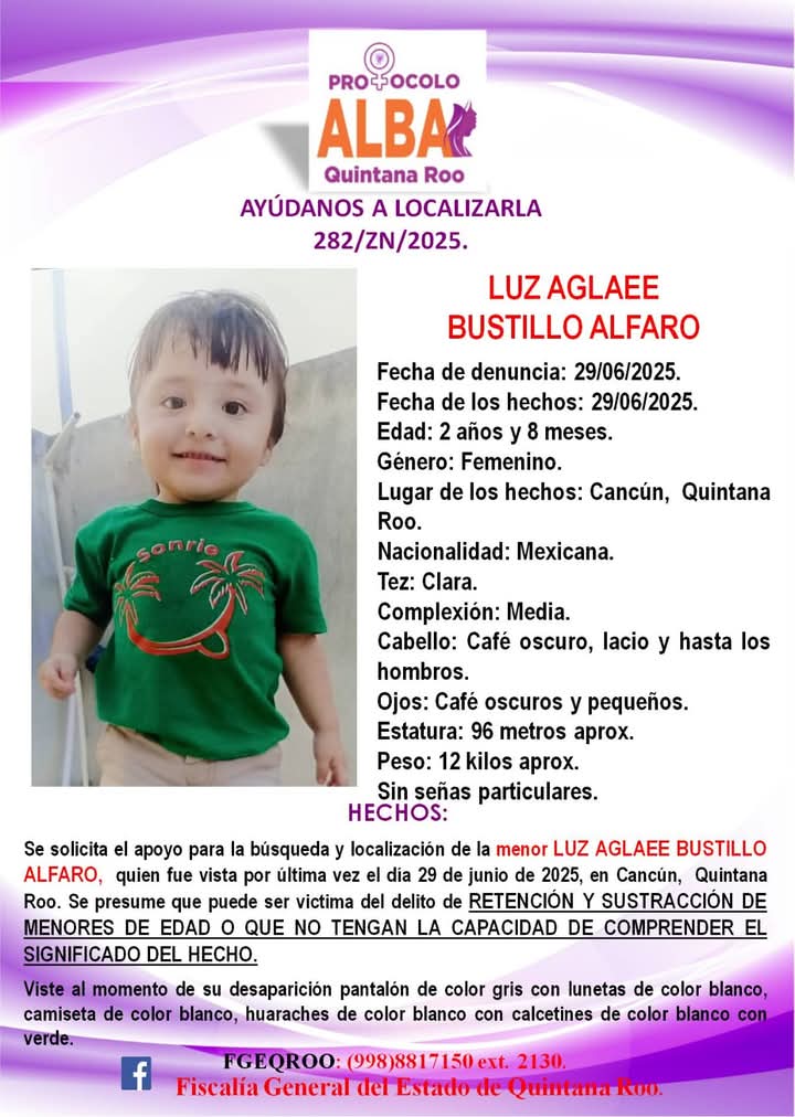 Luz Aglaee Bustillo Alfaro, de 2 años y 8 meses
