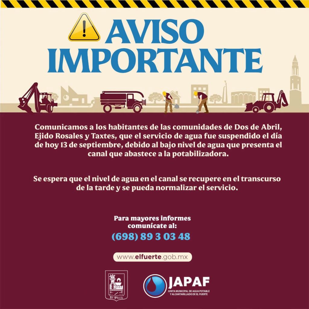 Japaf suspende servicio hídrico a tres comunidades de El Fuerte por bajo nivel en canal abastecedor
