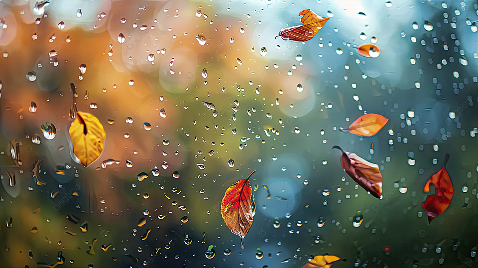 Gotas de lluvia y hojas otoñales.