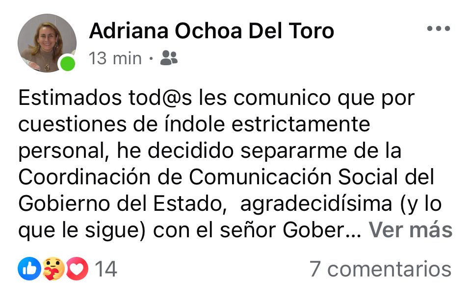 Mensaje de Adriana Ochoa a través de sus redes sociales.
