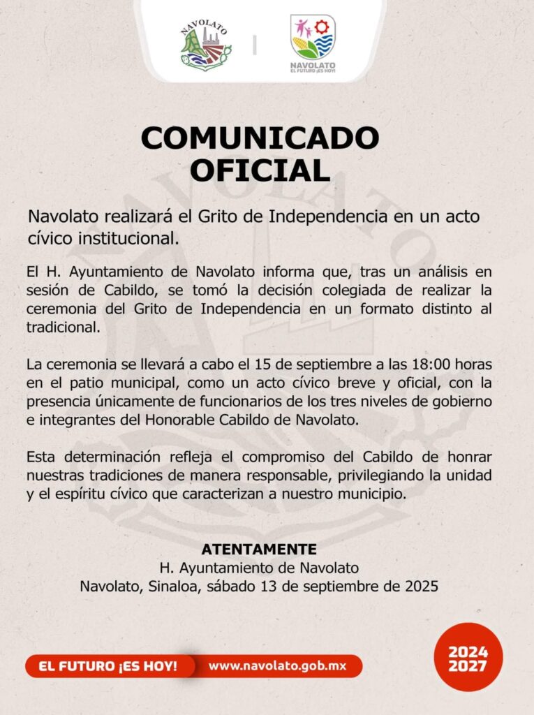 Navolato realizará Grito de Independencia en acto cívico institucional
