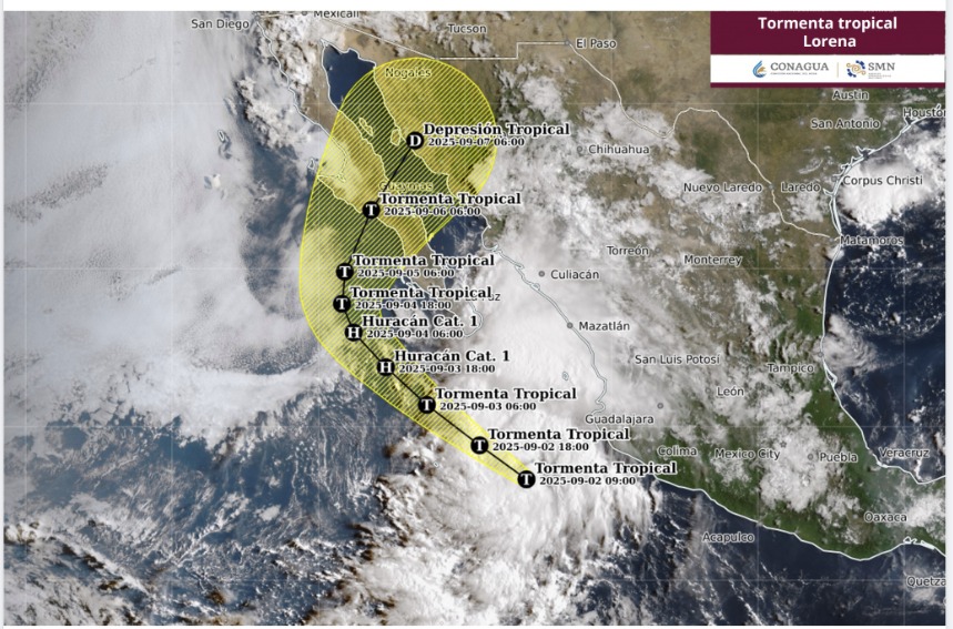 Posible trayectoria de la tormenta tropical Lorena en el Pacífico mexicano. Conagua-SMN.