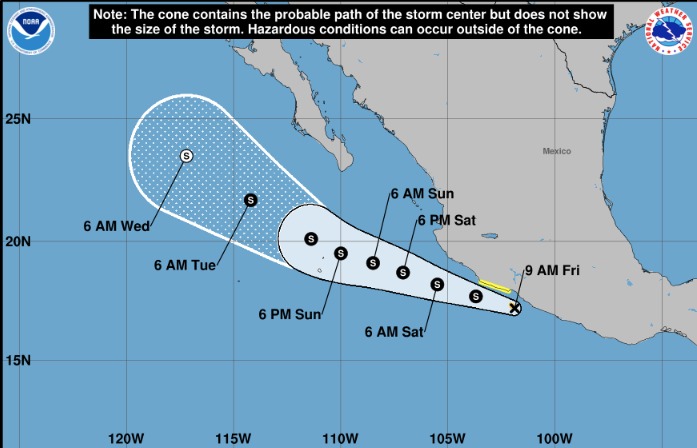 Posible trayectoria del llamado Mini Mario la tormenta tropical activa en el Pacífico. NHC