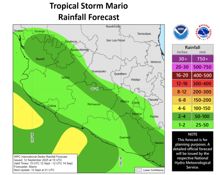 Potencial de lluvias que podría dejar la tormenta tropical Mario del 12 al 15 de septiembre. NHC