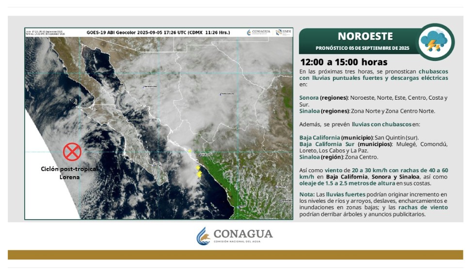 Pronóstico a 3 horas del SMN. El pronóstico a corto plazo alerta por lluvias achubascaas de las 12 a las 15 horas.