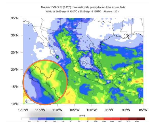 Pronóstico de acumulado total de precipitación en 5 días en México. Sinaloa dentro del círculo. 
