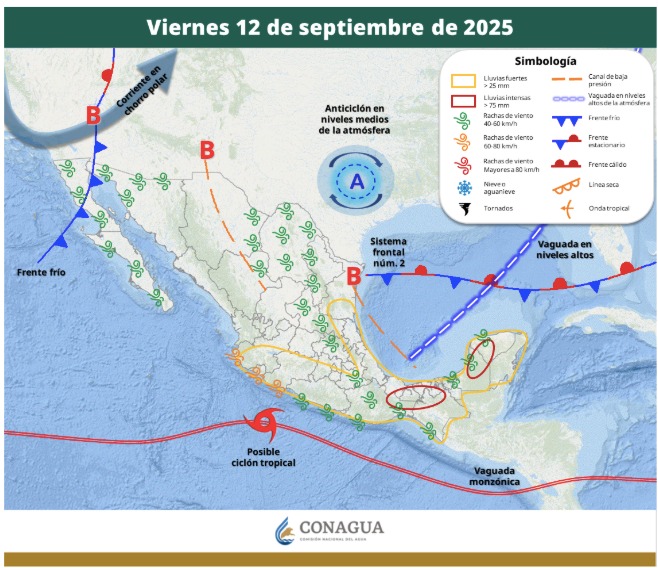 Pronóstico del clima extendido del SMN en el que marca la activación del ciclón Mario el viernes 12 de septiembre.