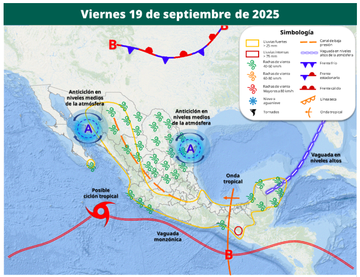 Proyección del SMN de la posible activación del ciclón Narda el 19 de septiembre.