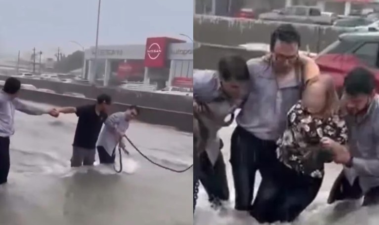 VIDEO: Ciudadanos salvan a mujer atrapada en su auto durante severa inundación en Monterrey, NL