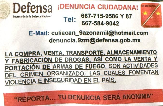 Secretaría de la Defensa Nacional llama a denunciar actividades del crimen organizado en SinaloaSecretaría de la Defensa Nacional llama a denunciar actividades del crimen organizado en Sinaloa