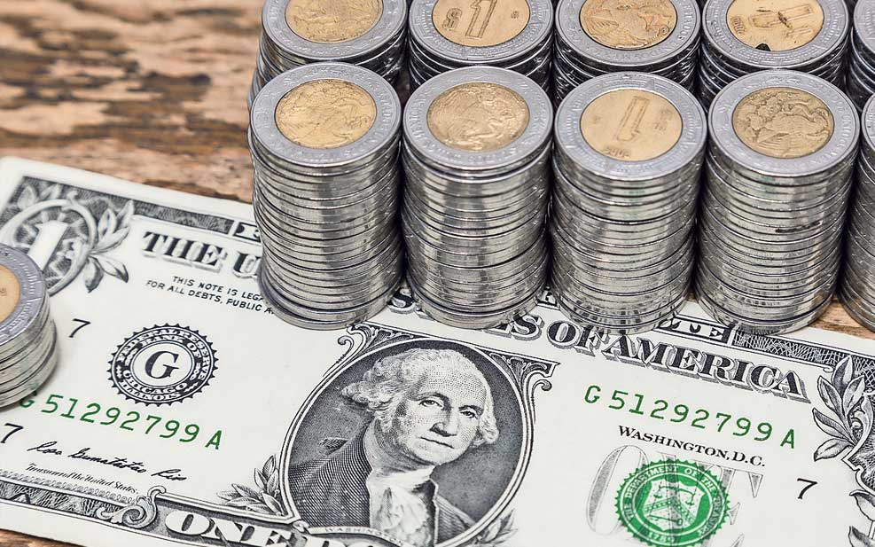 Billete de dólar y monedas de peso mexicano
