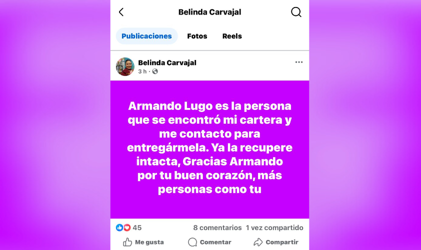 La mujer agradeció al joven por devolverle su cartera en una publicación de Facebook