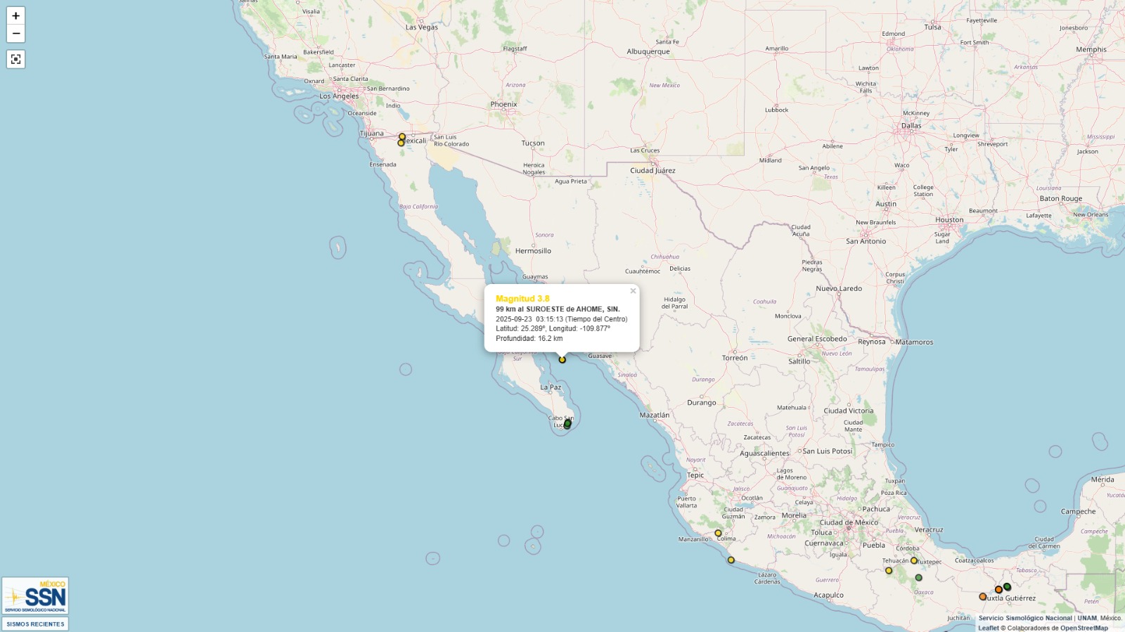 Sismo al suroeste de Los Mochis con magnitud 3.7