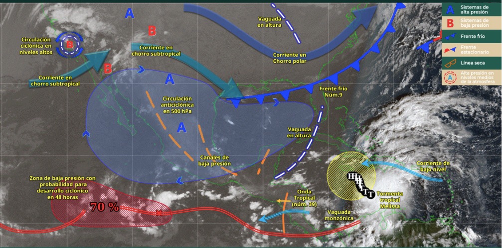Mapa de sistemas meteorológicos activos en México hoy 22 de octubre de 2025.
