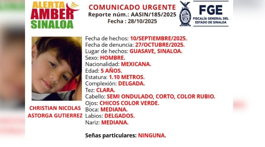 Activan Alerta Amber para localizar a Christian de 5 años en Guasave